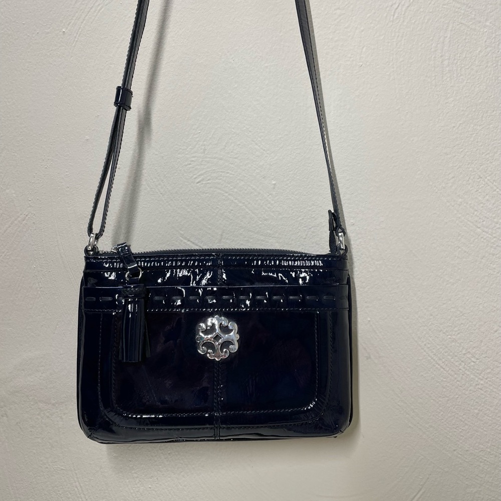 Brighton Dark Blue Leather Lactaded Crossbody Hand Bag, Tassel Many Packets View 2